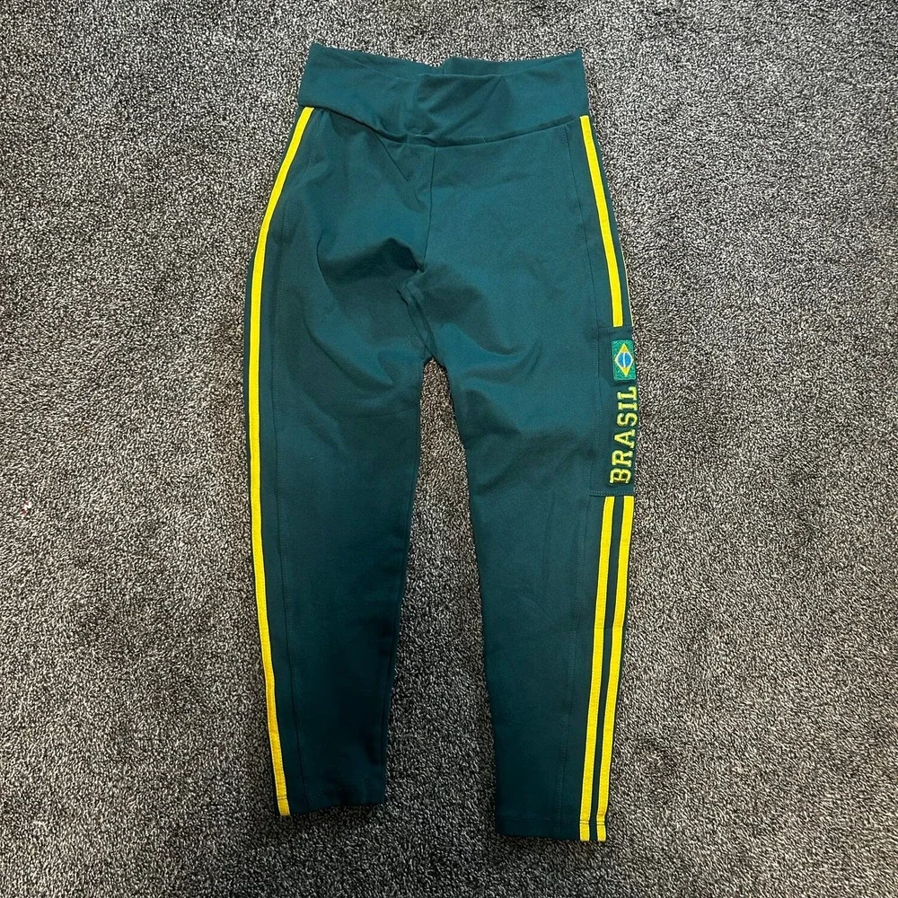Trilha Mix Brasil Leggings Womens Medium Green Excellent Side Stripe Athletic